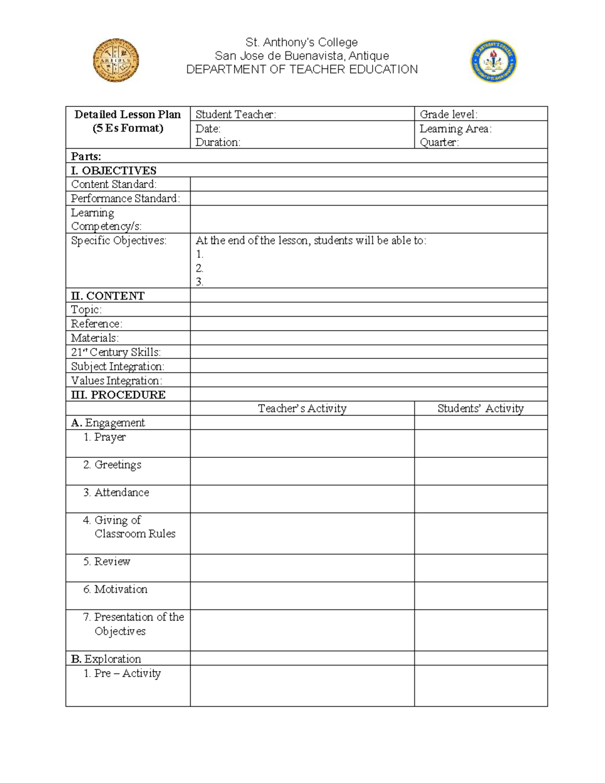 Detailed Lesson Plan Template (5 Es Format) - Teacher Education - Studocu