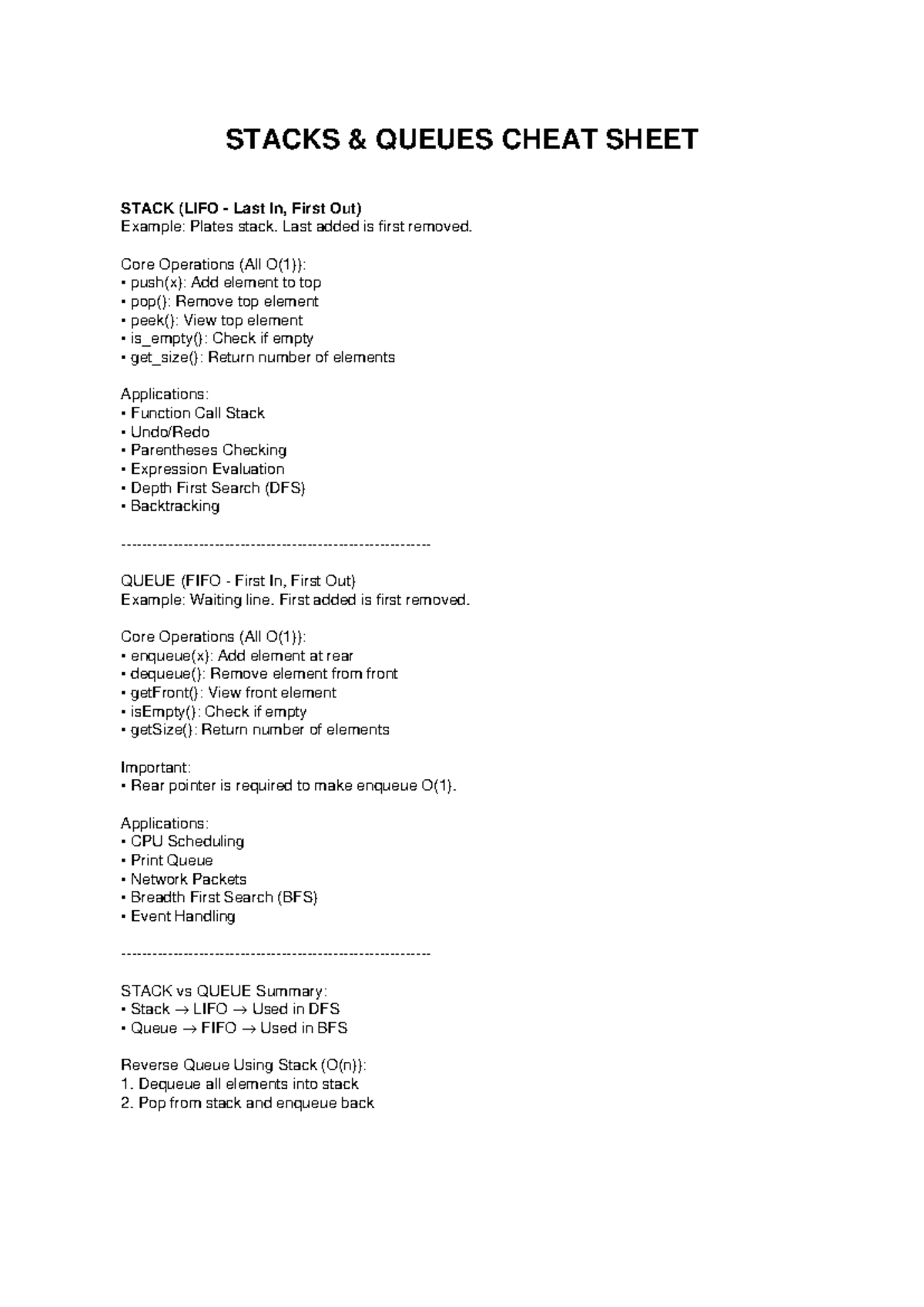 Stacks and Queues Cheat Sheet (CS101) - LIFO & FIFO Operations - Studocu