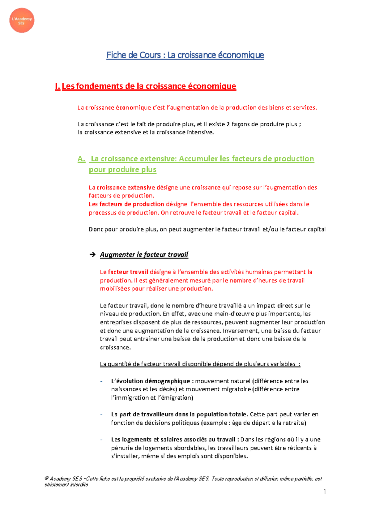 Cours SES : La Croissance Économique - Fondements et Théories - Studocu