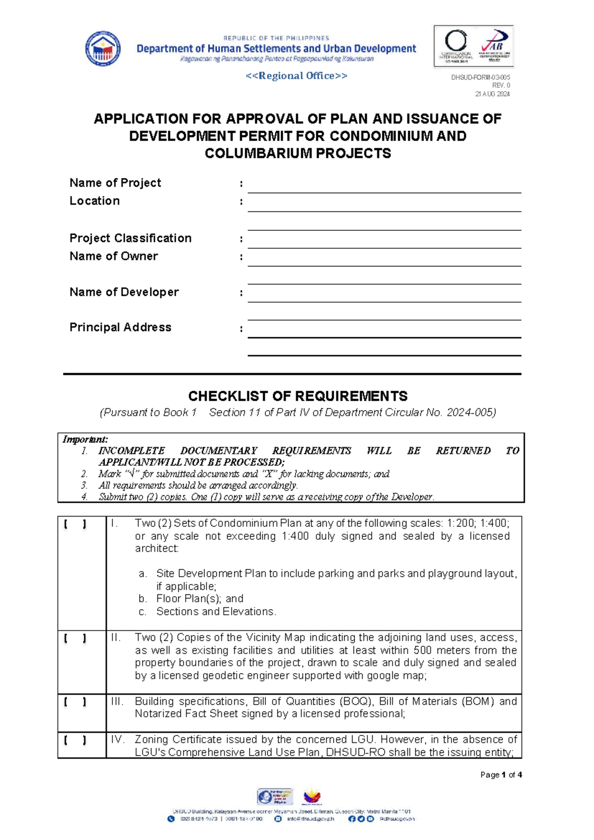 005 Application Form for Development Permit: Condominium & Columbarium ...