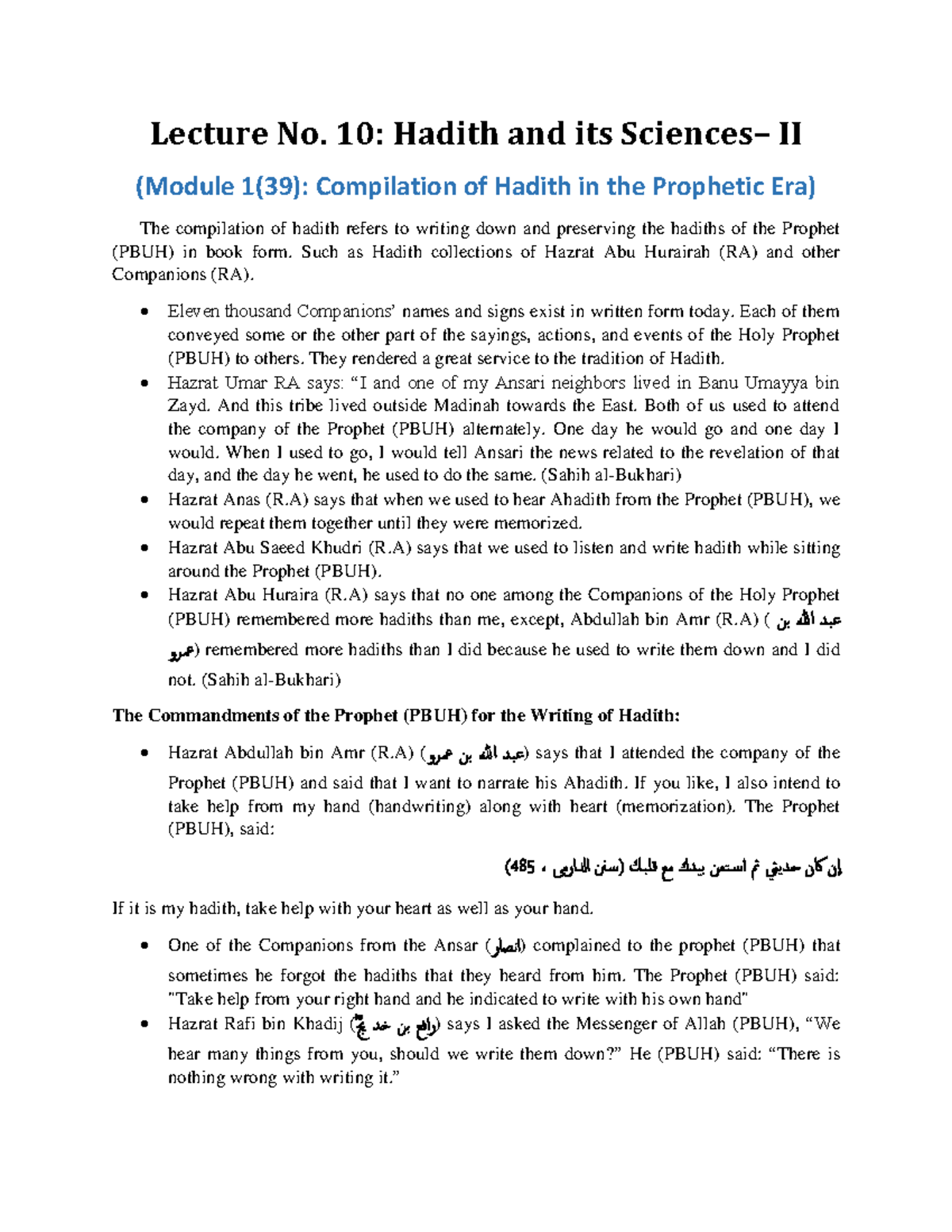 Hadith Sciences II Lecture Notes ISL 202 (English) - Studocu