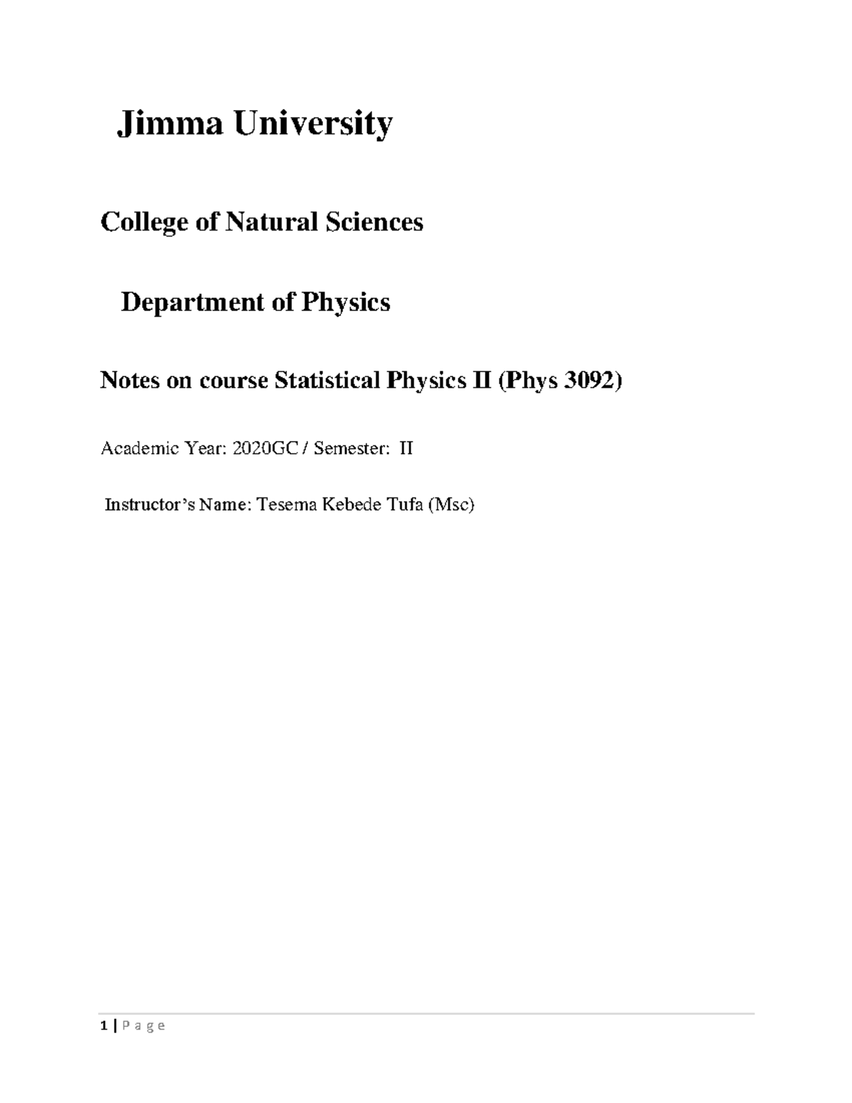 Statistical Physics II (Phys 3092) - Comprehensive Lecture Notes - Studocu