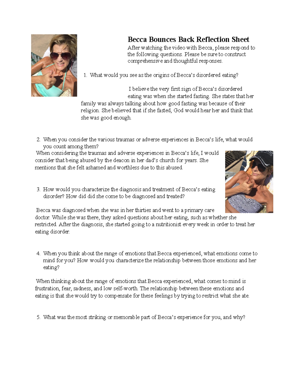 EDUC 301: Becca Bounces Back Reflection Sheet on Eating Disorders - Studocu