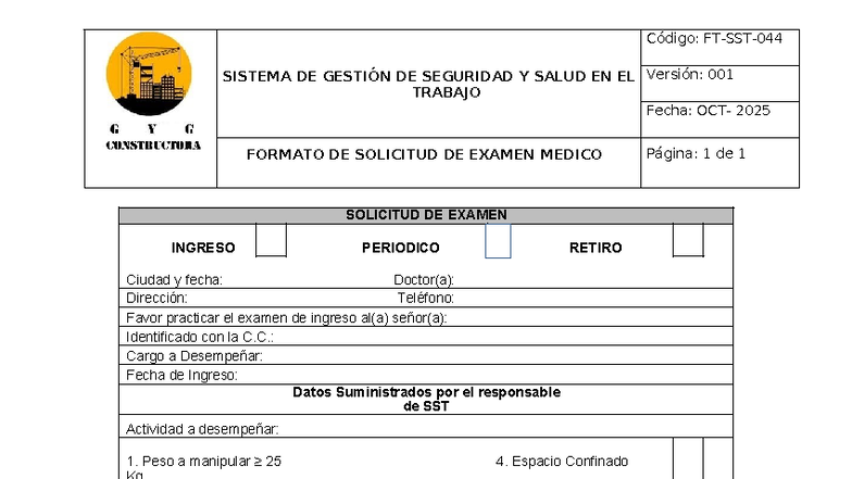 Formato de Solicitud de Examen Médico - FT-SST-044 - Studocu