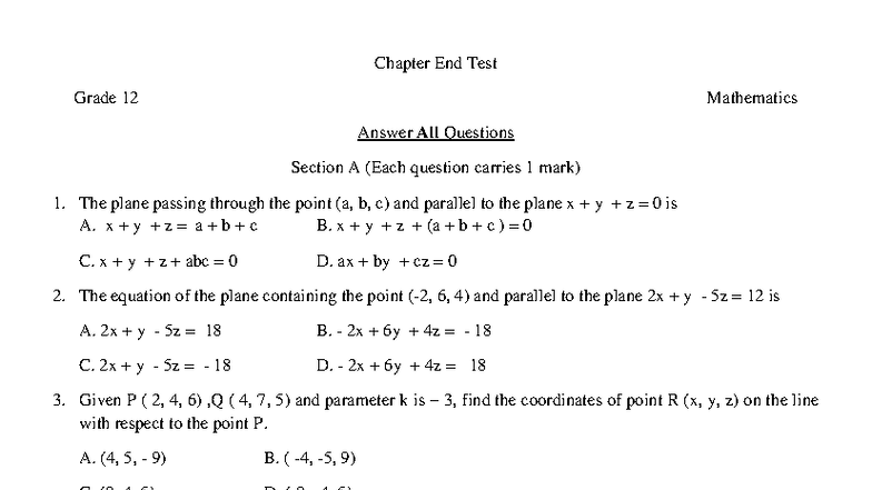 Grade 12 Math Chapter End Test Answers: Section A, B, C - Studocu