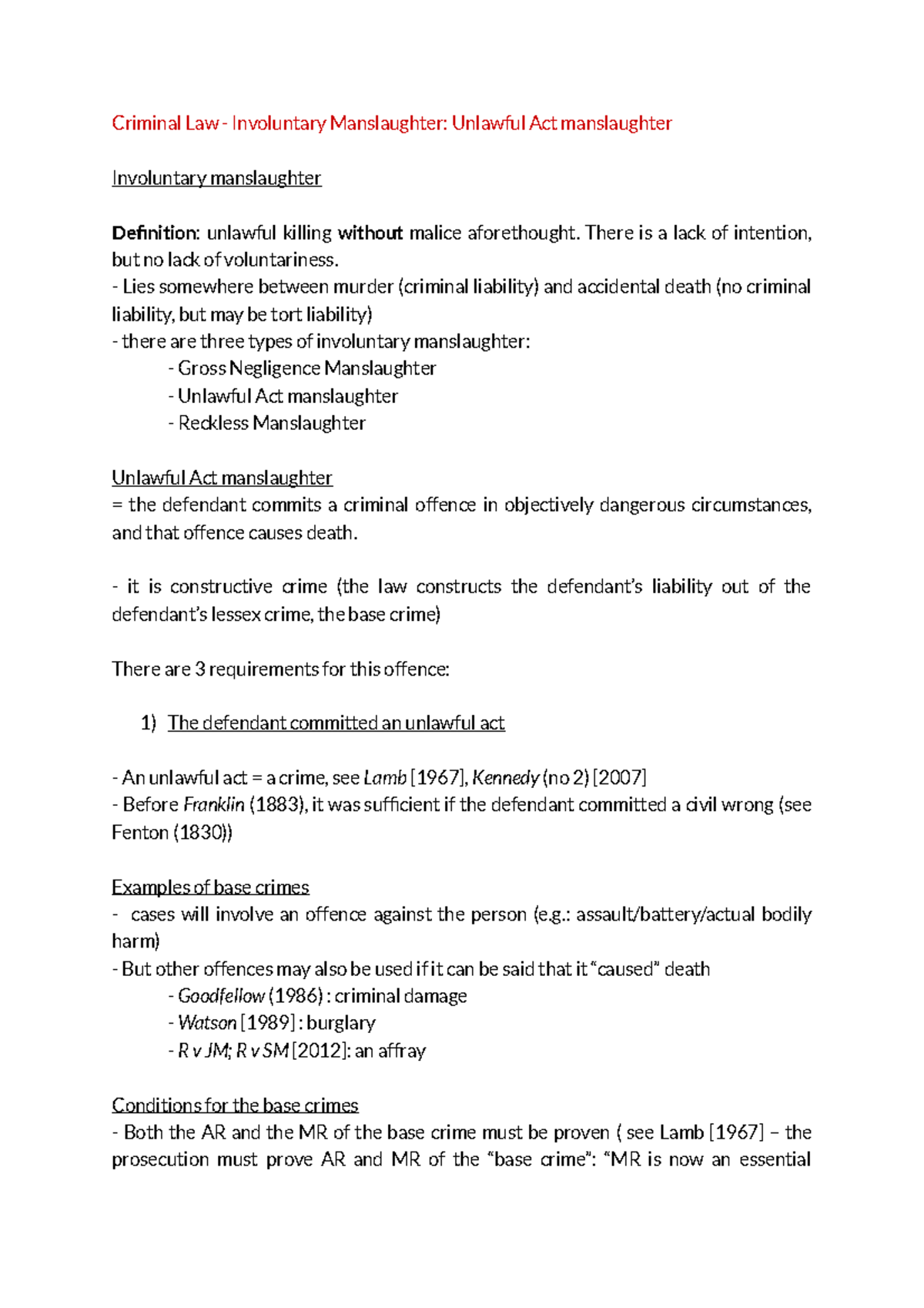 Criminal Law (CL202) - Involuntary Manslaughter: Unlawful Act Analysis ...