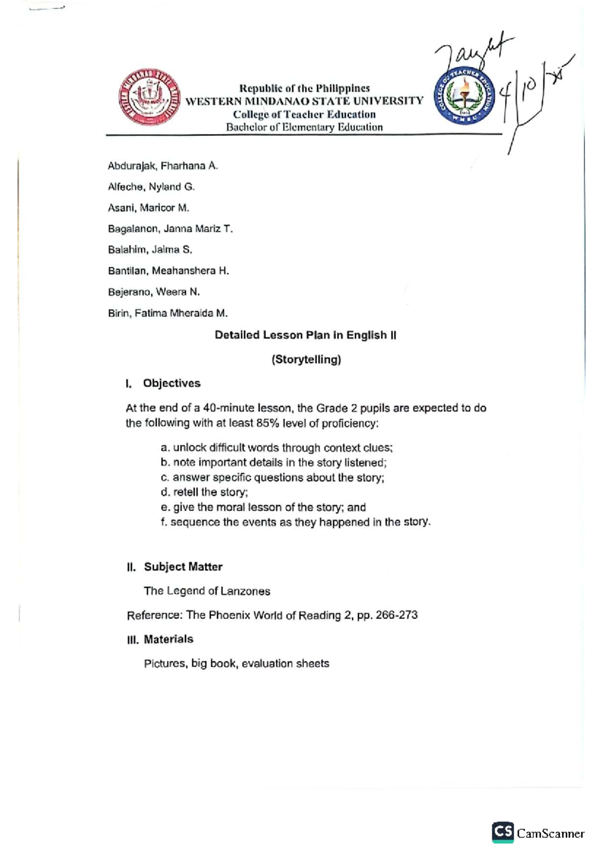 Detailed Lesson Plan in English II: Storytelling of The Legend of ...