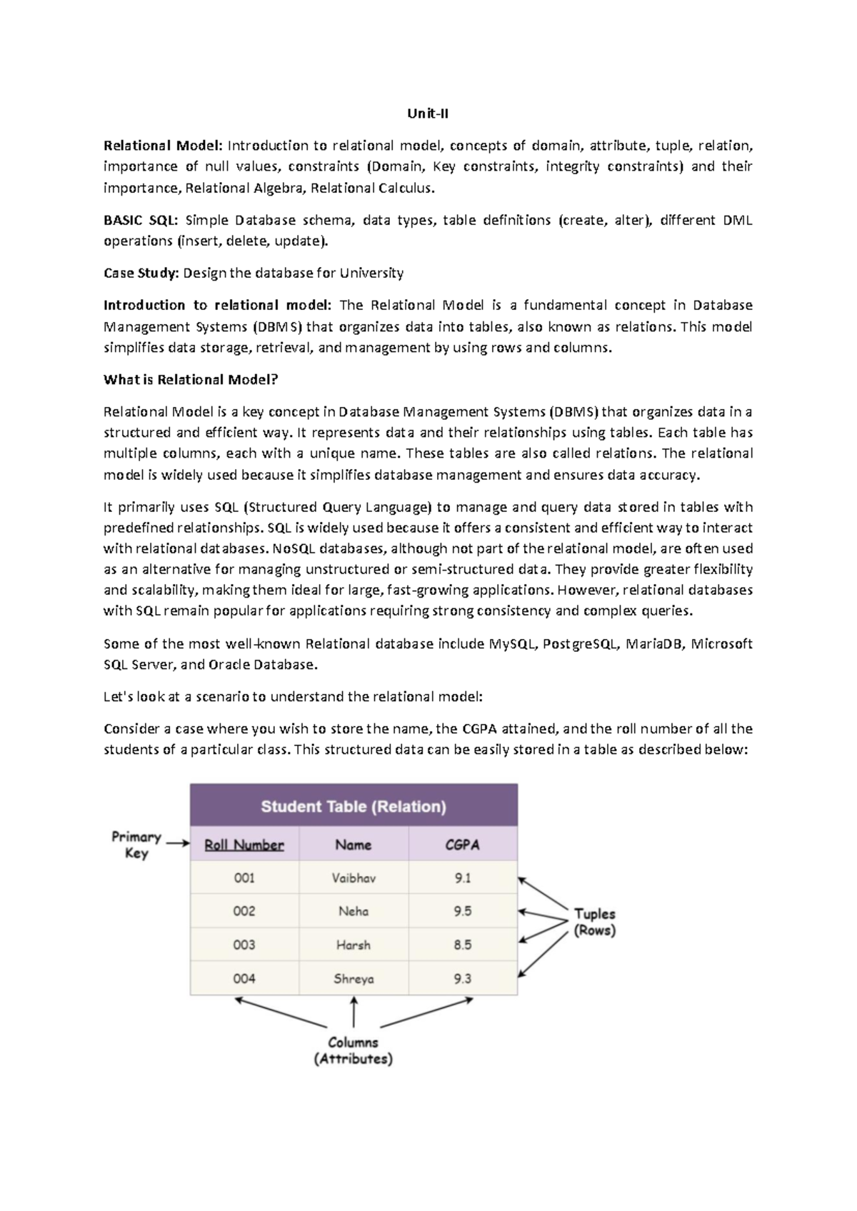 Unit II DBMS Notes: Relational Model & Basic SQL Concepts - Studocu