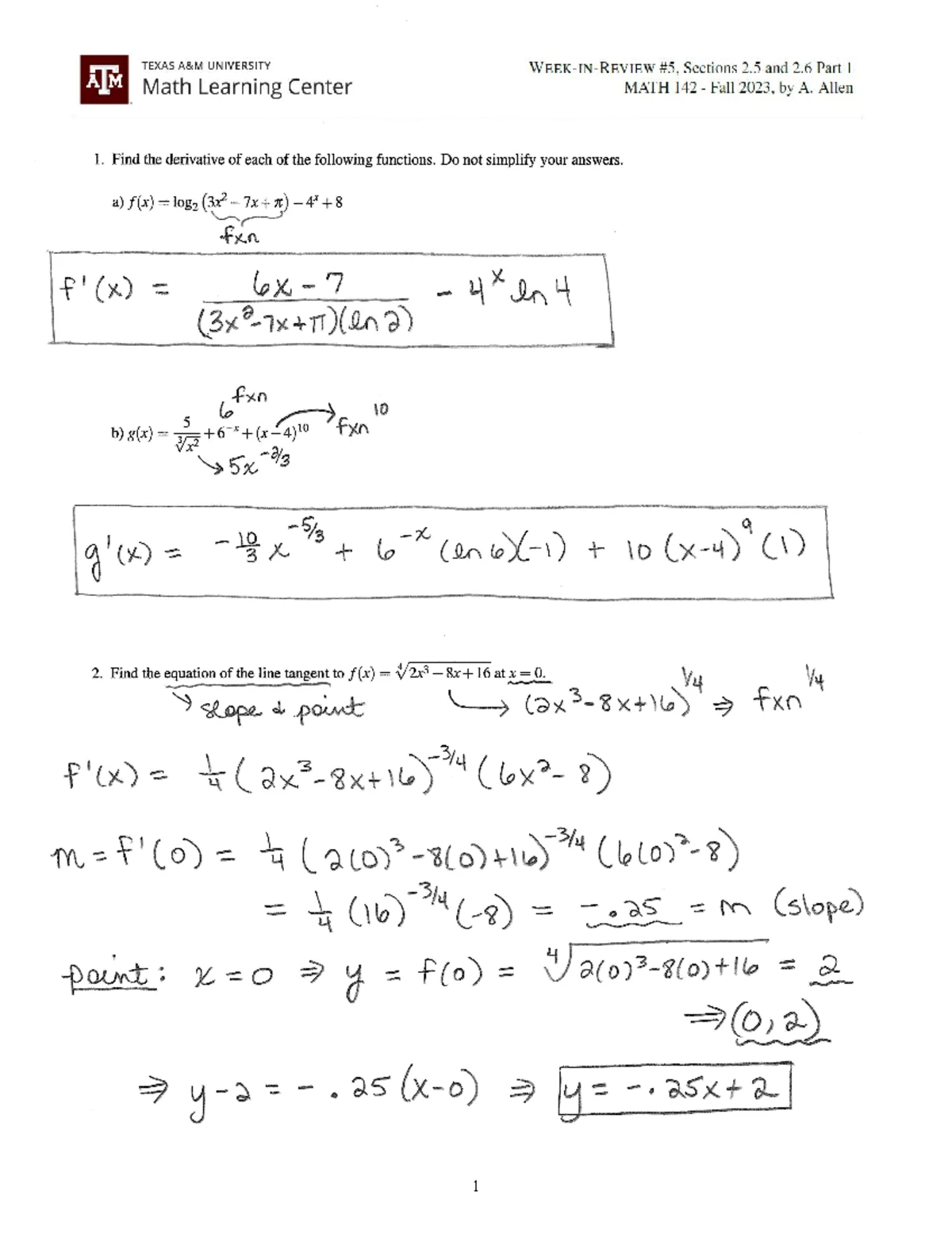 Solutions for MATH 142 Sections 2.3 & 2.4 - Fall 2023 by A. Allen - Studocu