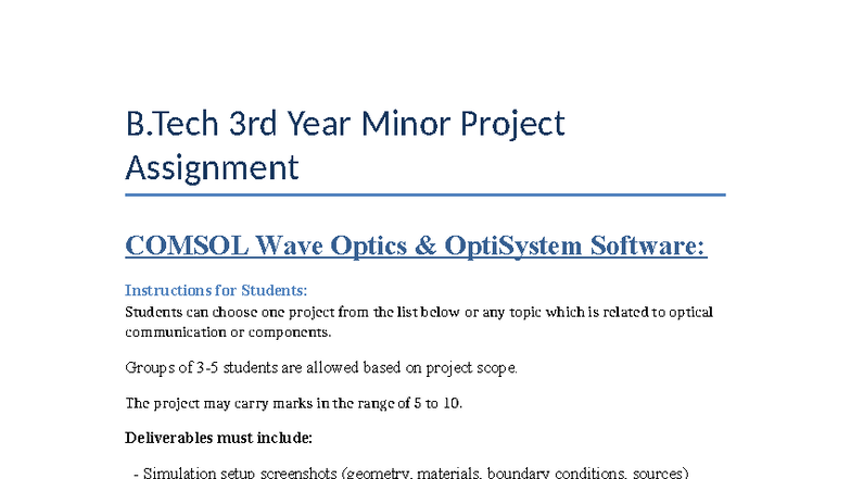 B.Tech 3rd Year Minor Project: Wave Optics & OptiSystem Guide - Studocu