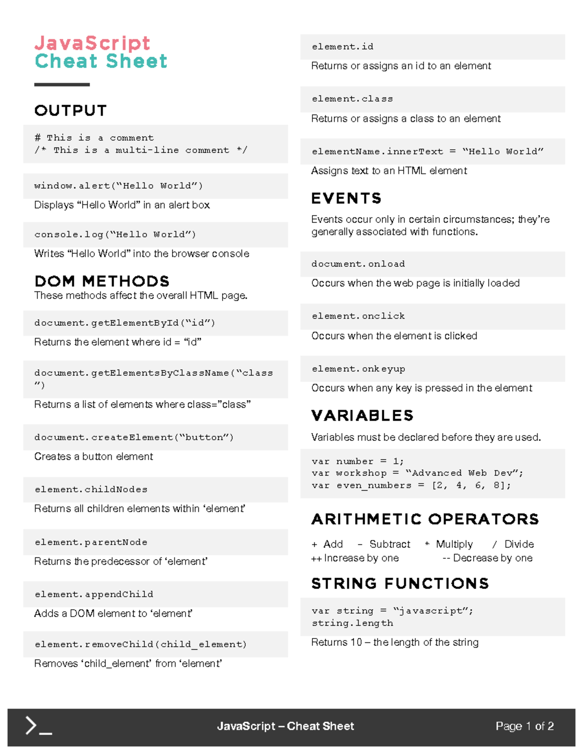 JavaScript Cheat Sheet: Key Functions, Events, and Methods - Studocu