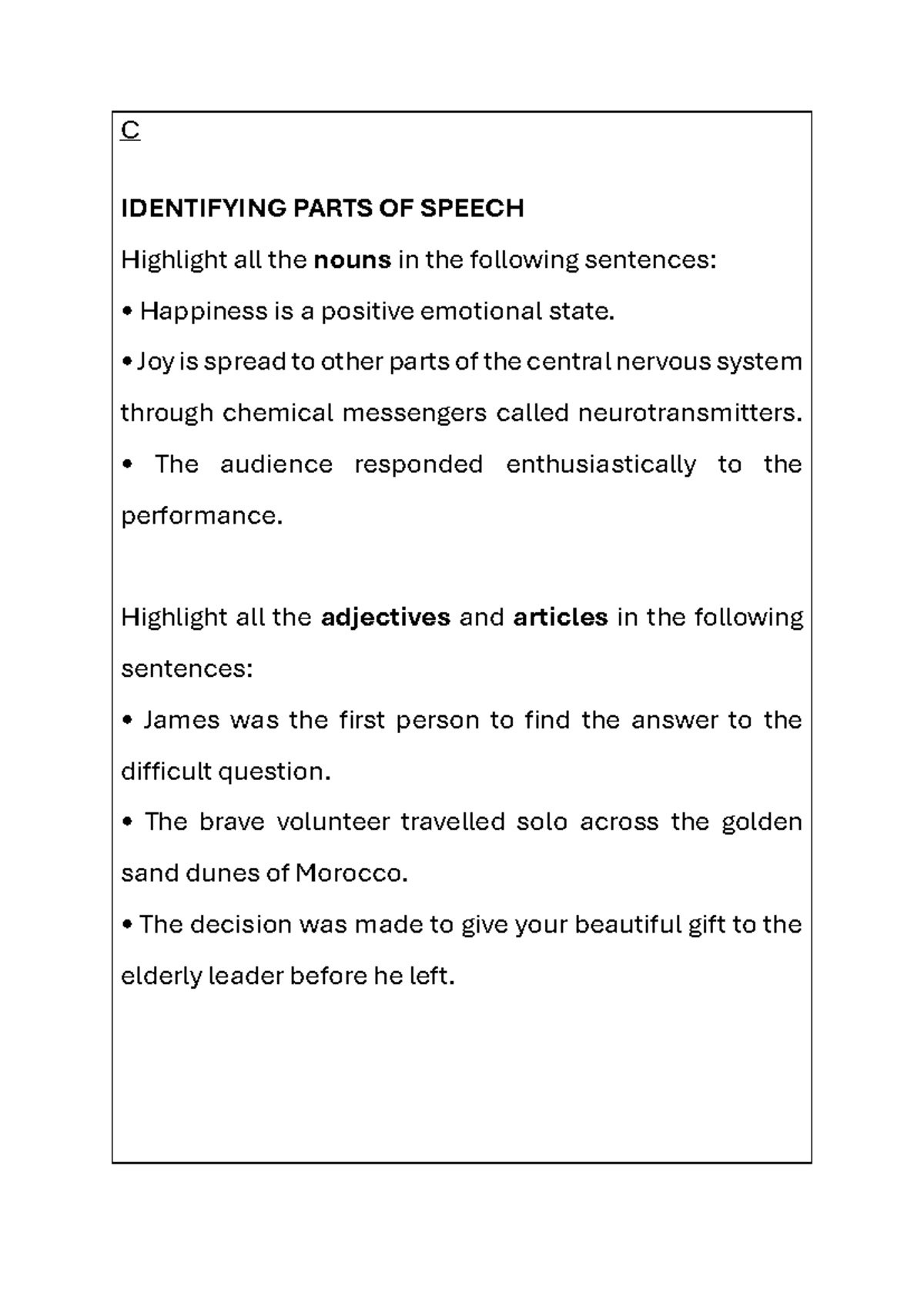 Parts of Speech Questions G8: Identifying Nouns, Verbs, Adjectives, and ...