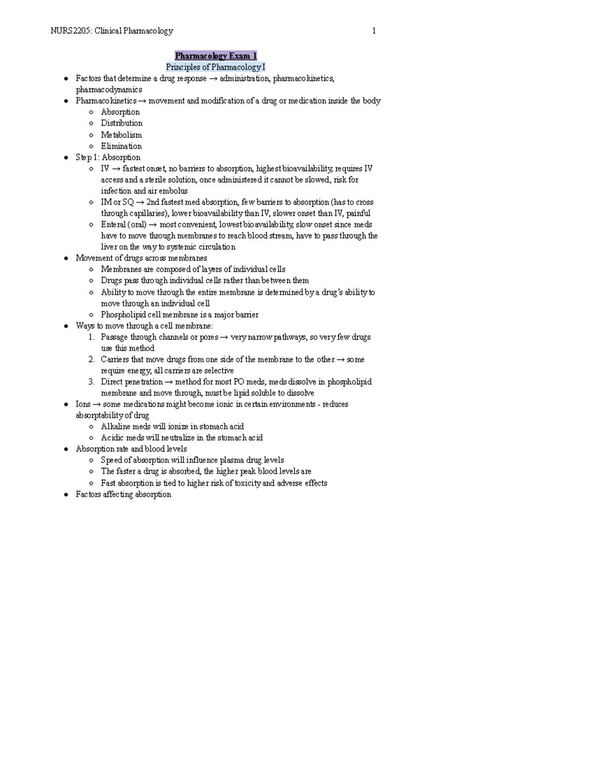 NURS2205 Clinical Pharmacology Exam 1 Review Notes - Studocu