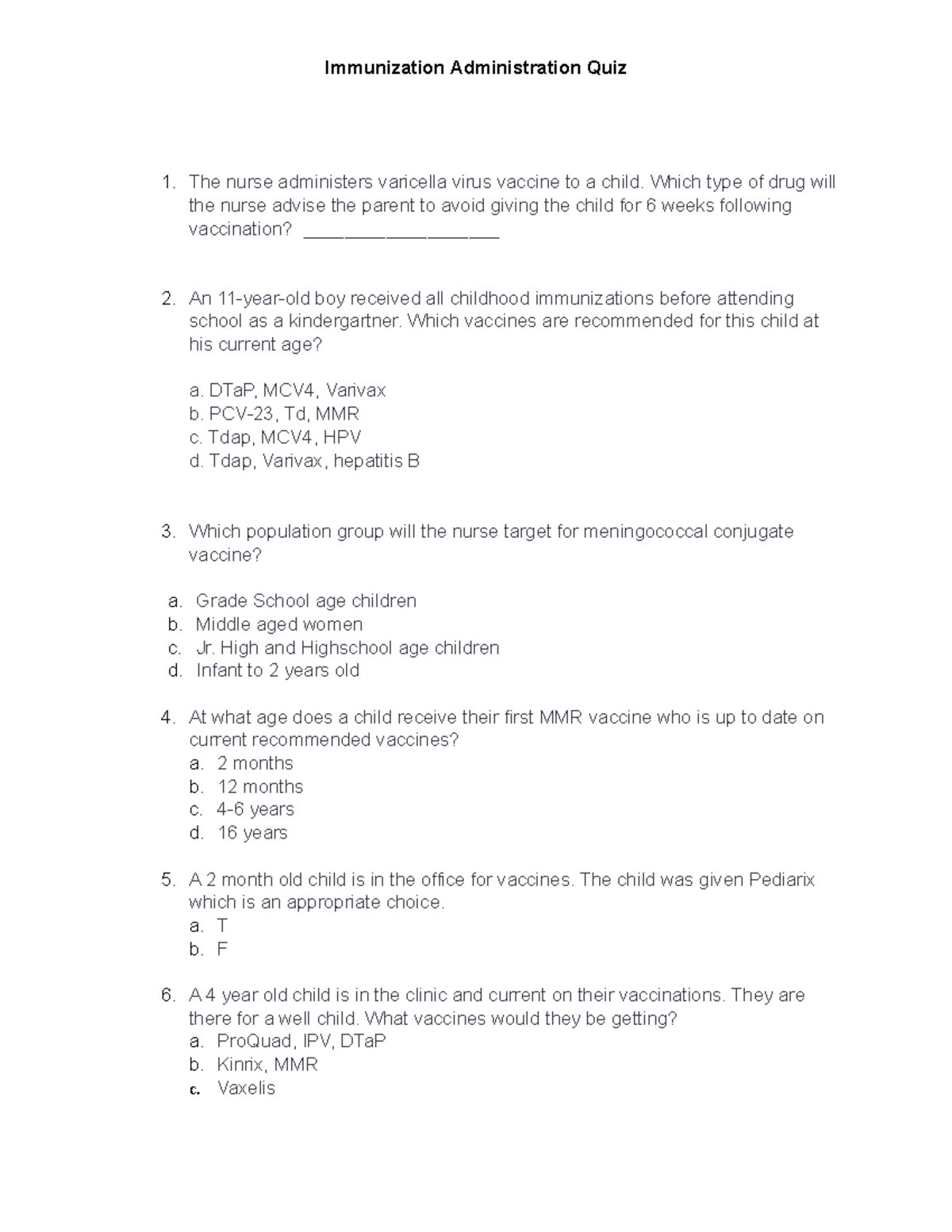 Immunization Quiz Study Guide: Key Questions & Answers - Studocu
