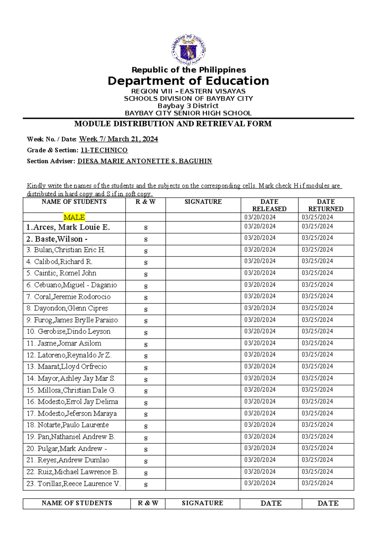Grade 11-TECHNICO: Module Distribution & Retrieval Form (Week 7) - Studocu