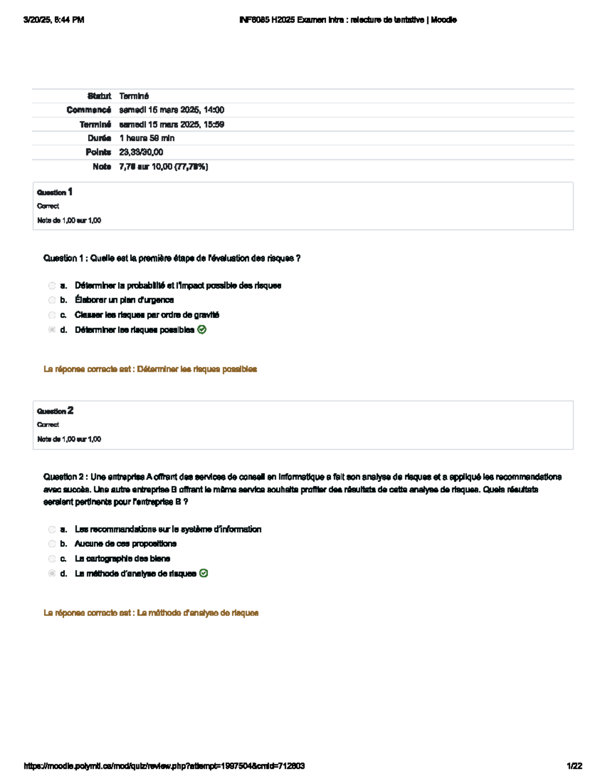 INF8085 H2025 Examen Intra : Relecture de Tentative I - Résultats et Corrections - Document Preview