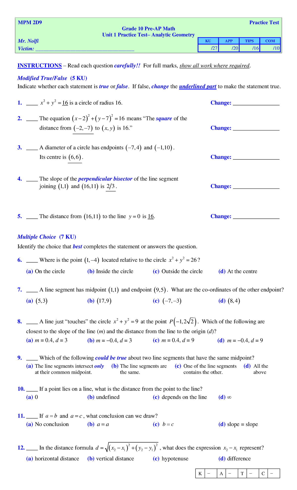 Practice Test-Unit 1 - Analytic Geometry - Major Test - MPM 2 D9 ...