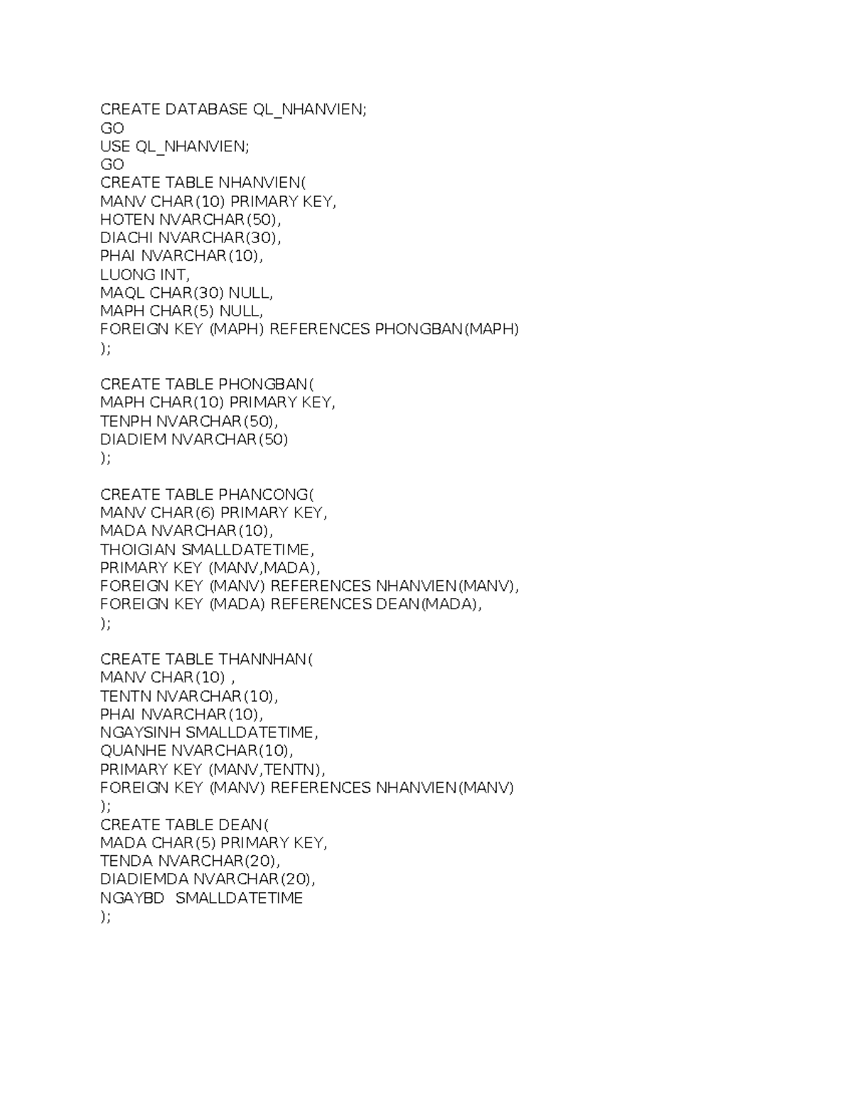 Database Creation Script for QL_NHANVIEN - Studocu