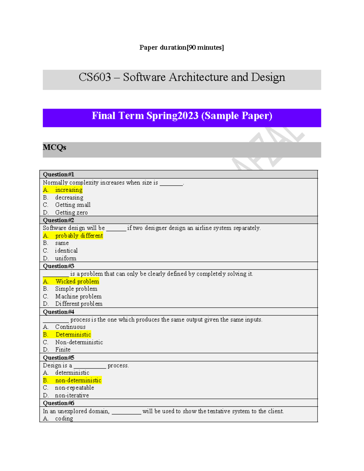 CS603 Software Architecture & Design Final Term Sample Paper Solutions ...