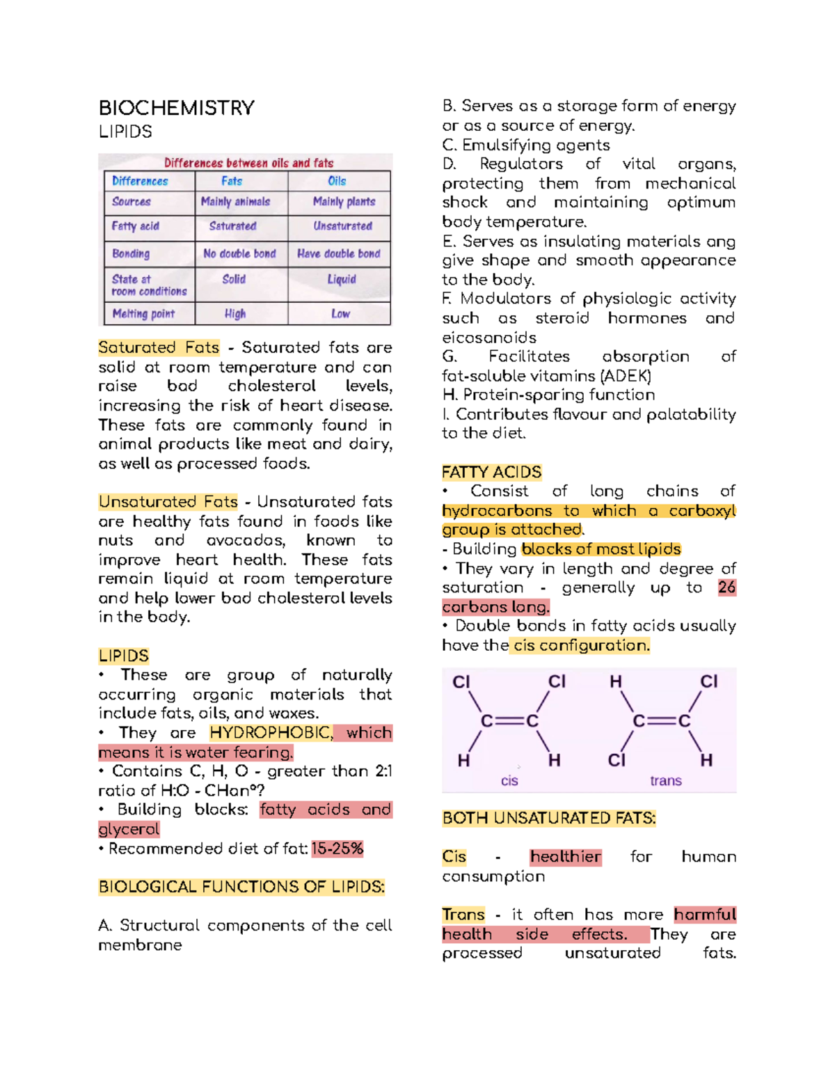 Lipids - BIOCHEMISTRY LIPIDS Saturated Fats - Saturated fats are solid ...