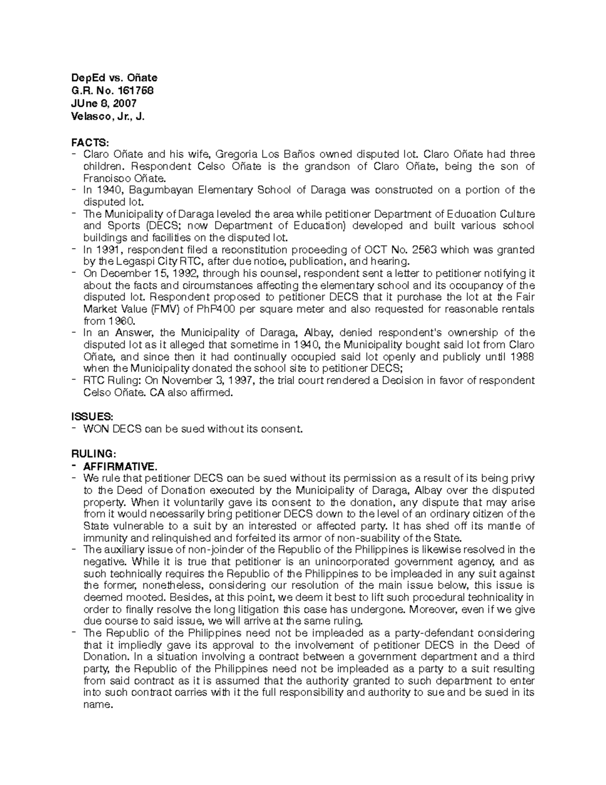 Digest — (23) DepEd vs. Oñate Case Analysis & Ruling Summary - Studocu