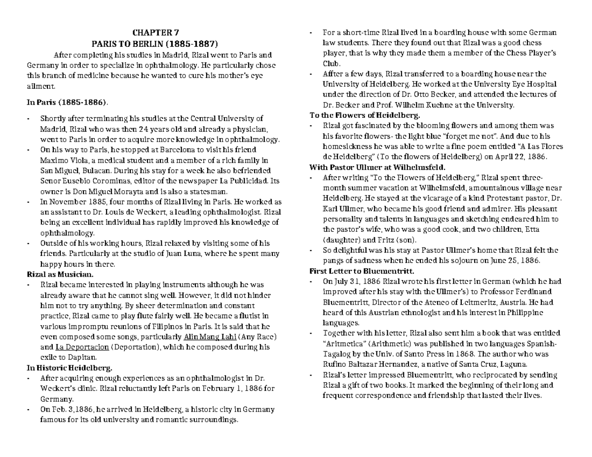 Chapter 7: Rizal's Journey from Paris to Berlin (1885-1887) - Studocu