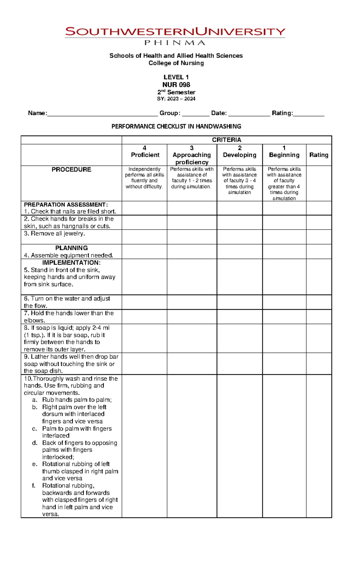 NUR 098 - 2nd Sem Handwashing Performance Checklist (SY 2023-2024 ...