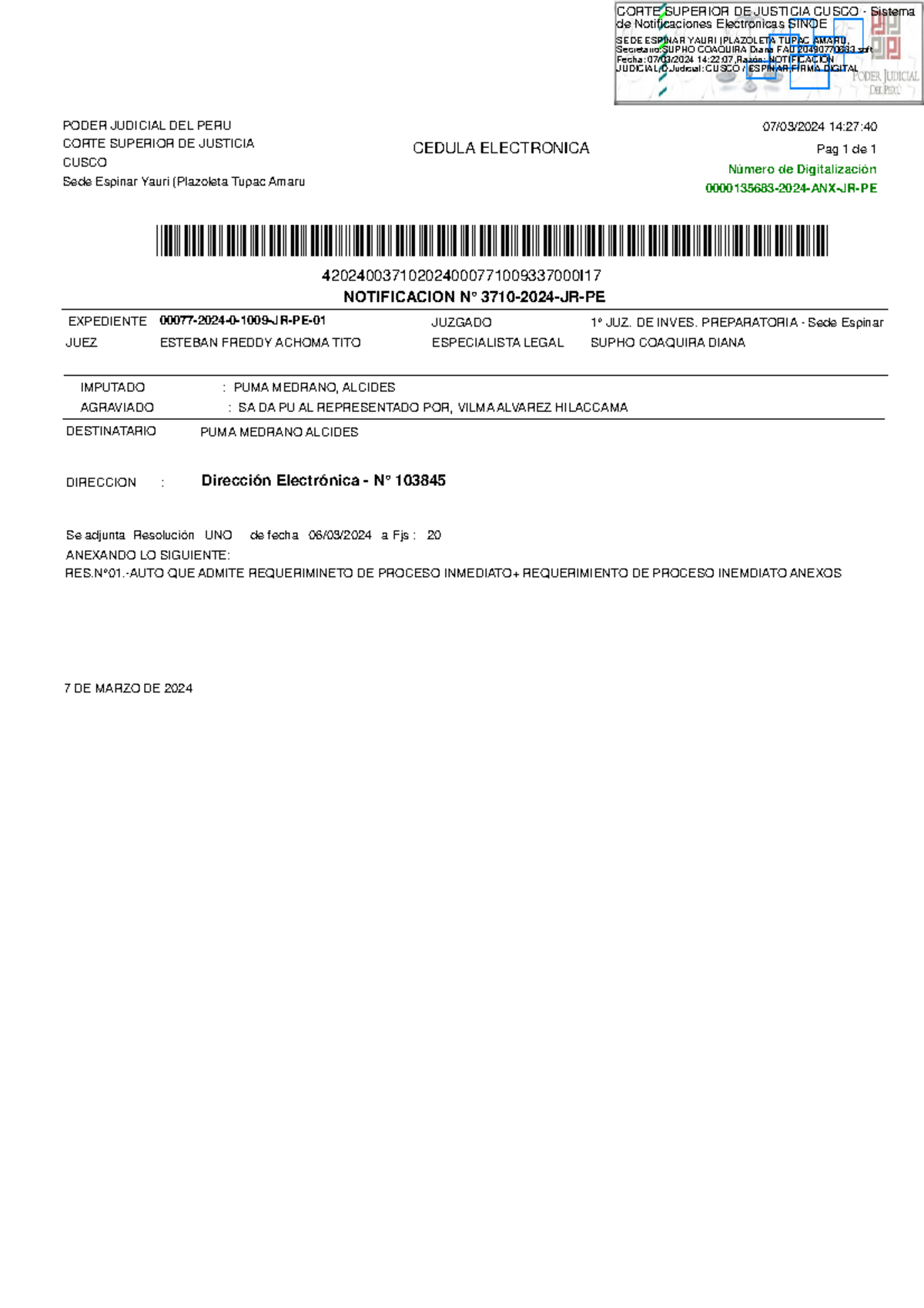 Expediente 00077-2024-0-1009-JR-PE - Proceso Inmediato por Omisión Familiar - Document Preview