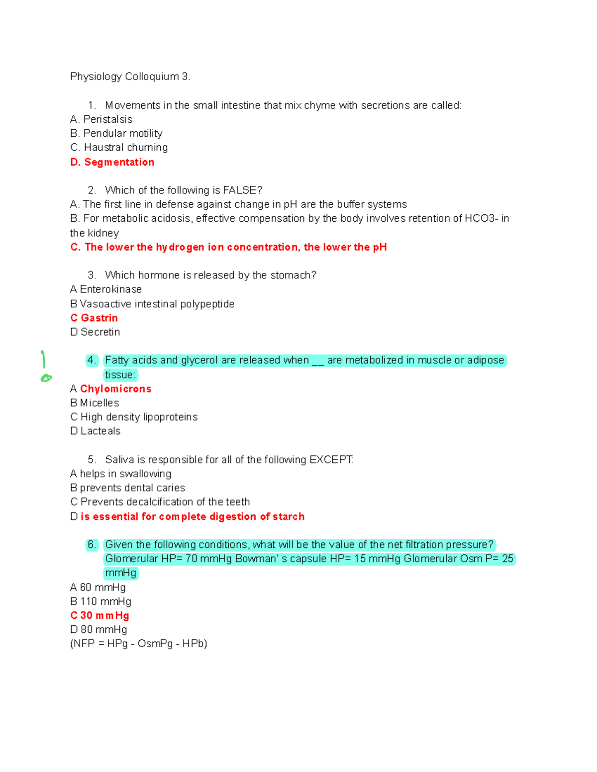 Physiology Colloquium 3 - Essential Concepts and Practice Questions - Document Preview