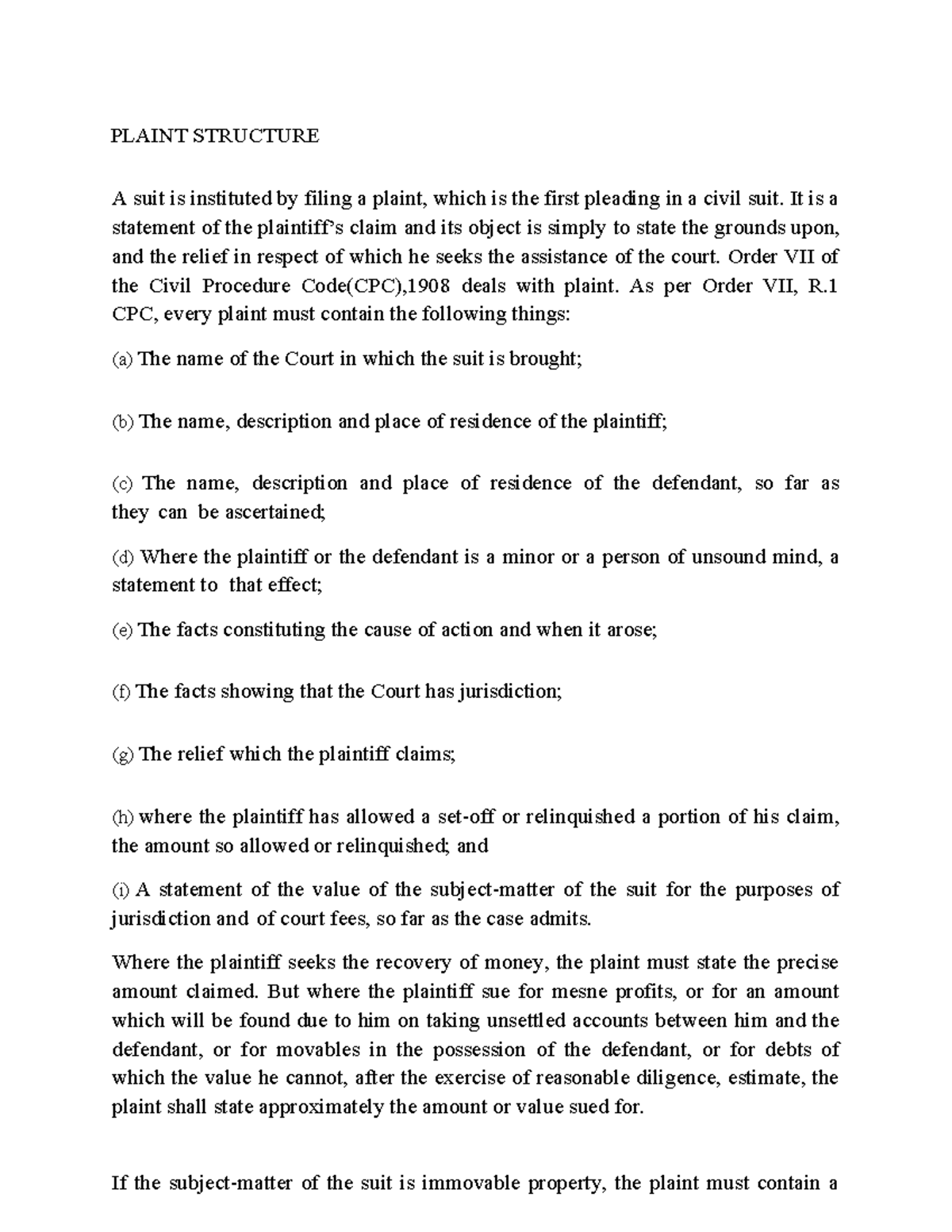 PLAINT STRUCTURE IN CIVIL SUITS: A COMPREHENSIVE GUIDE - Studocu