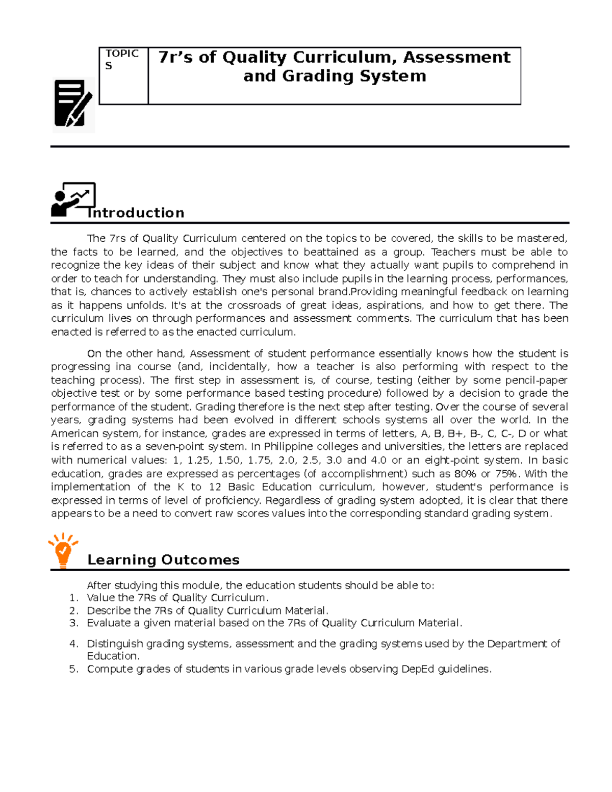 7Rs Assessment and Grading System - Introduction The 7rs of Quality ...
