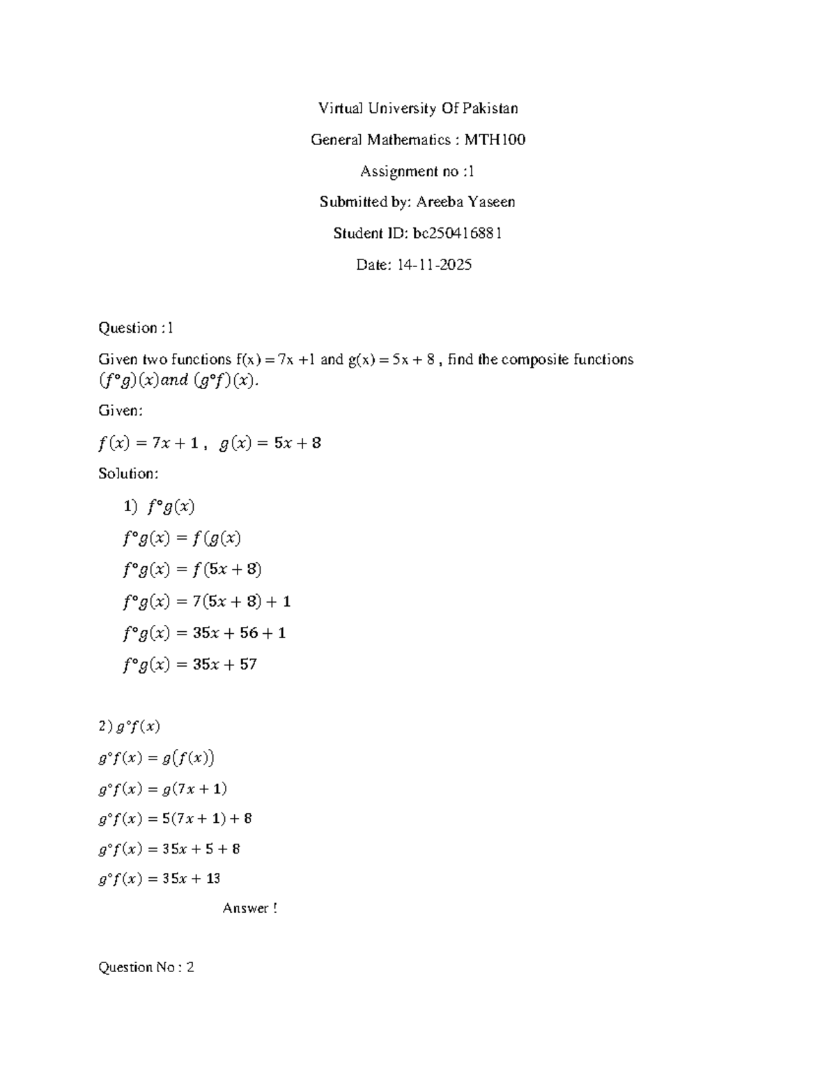 MTH100 General Mathematics Assignment 1 Solutions by Areeba Yaseen ...
