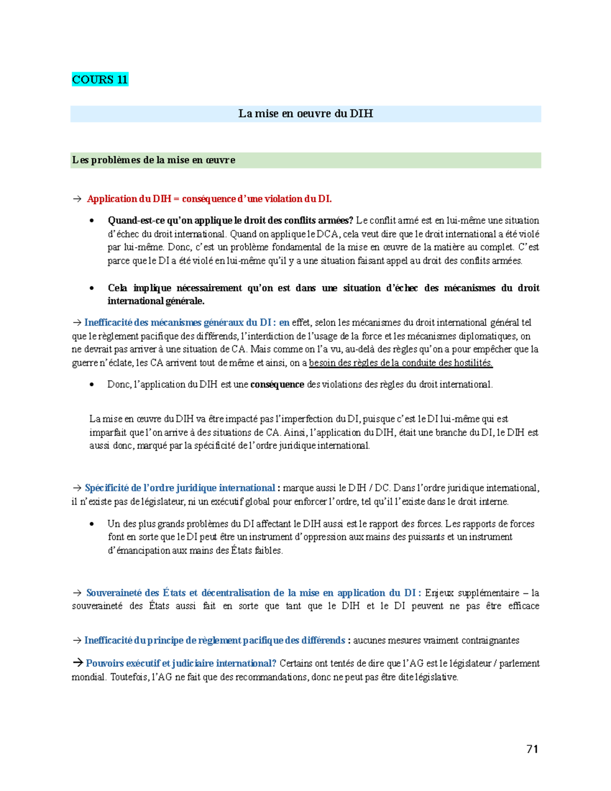Cours 11 - Mise en œuvre et défis du DIH dans les conflits armés - Studocu