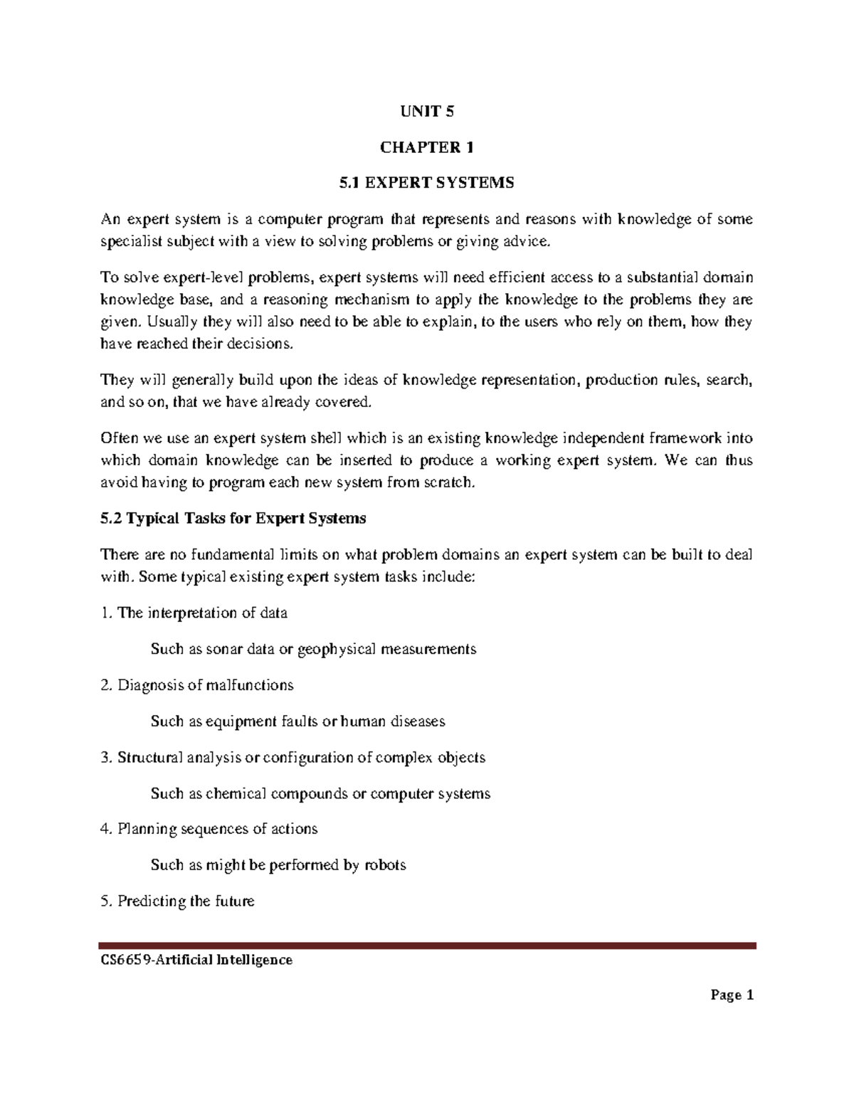 CS6659-Unit 5: Understanding Expert Systems in AI - Studocu