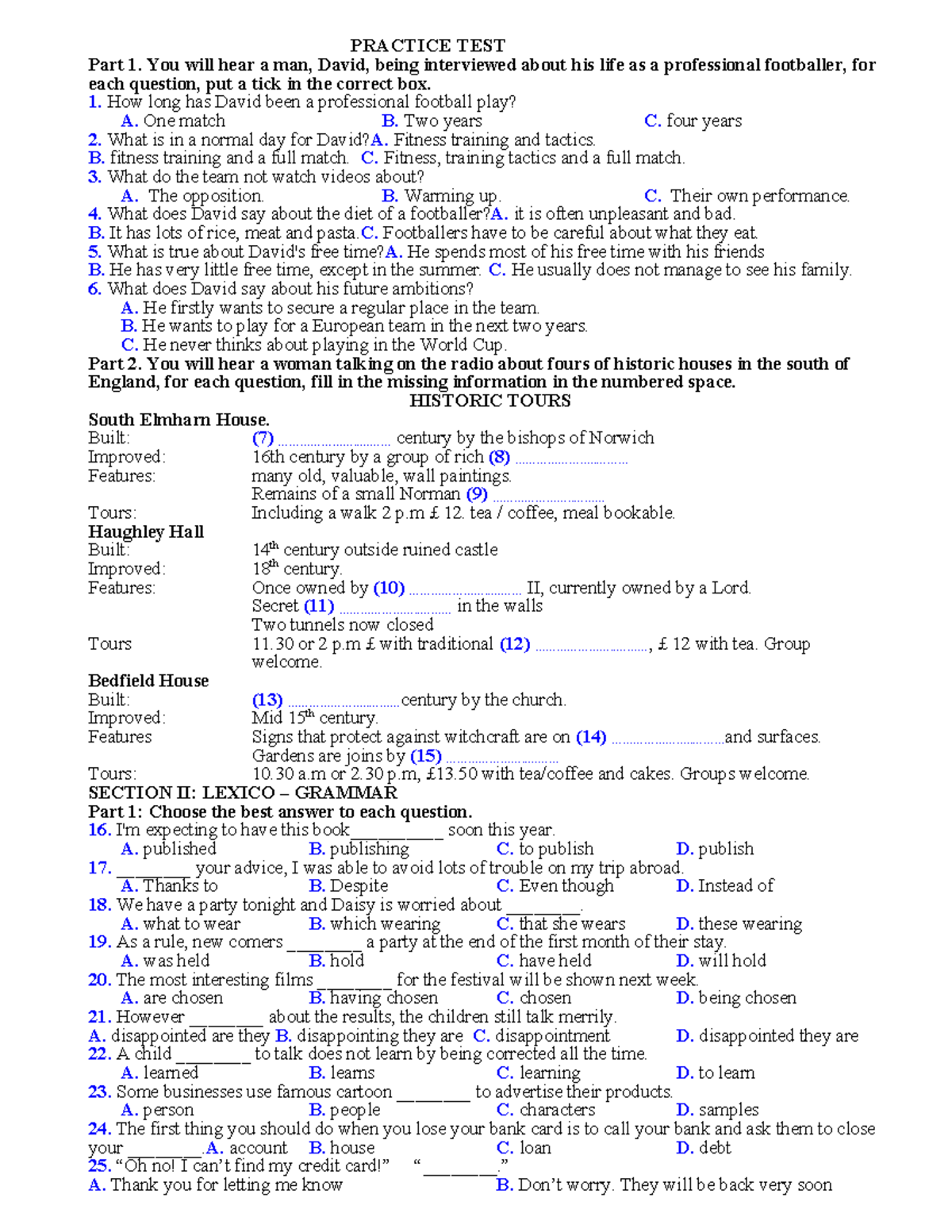 Practice Test - Listening Comprehension and Grammar Skills - Studocu