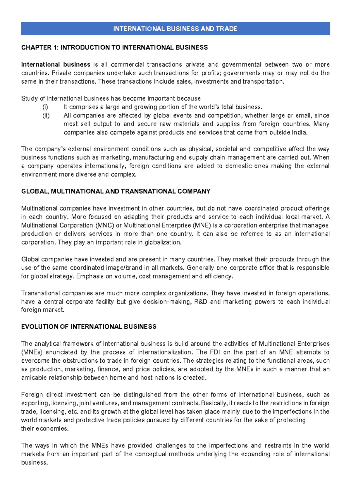 Chapter 1: Overview of International Business & Trade Dynamics - Studocu