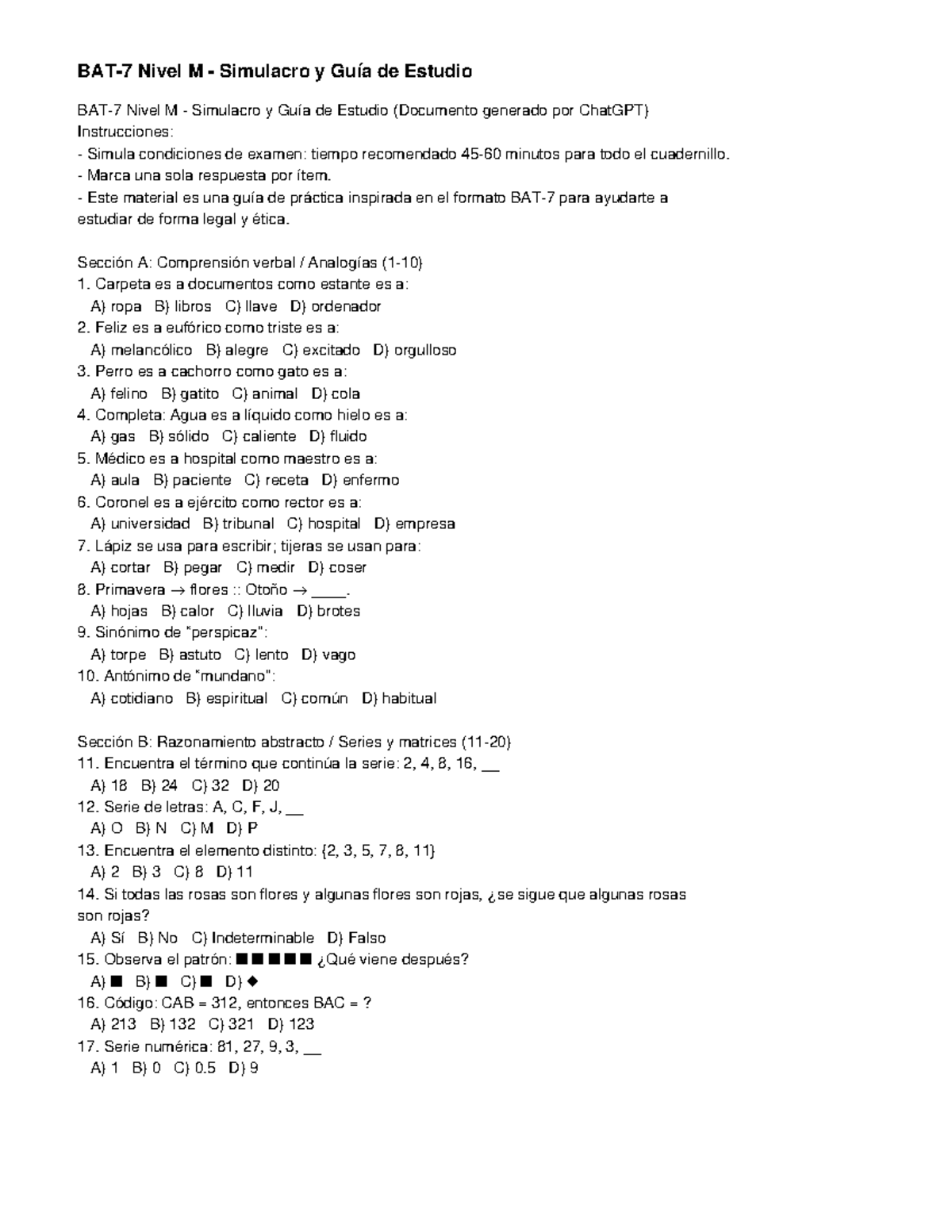 BAT7 Simulacro y Guía de Estudio Nivel M: Práctica de Examen - Studocu
