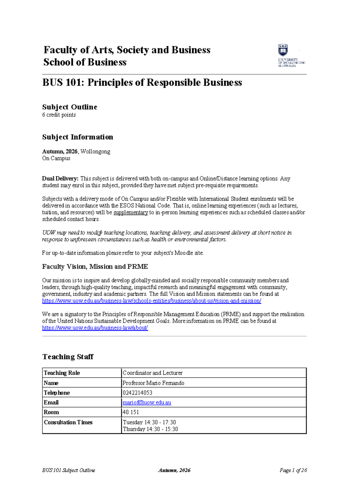 BUS 101: Principles of Responsible Business Subject Outline - Autumn ...