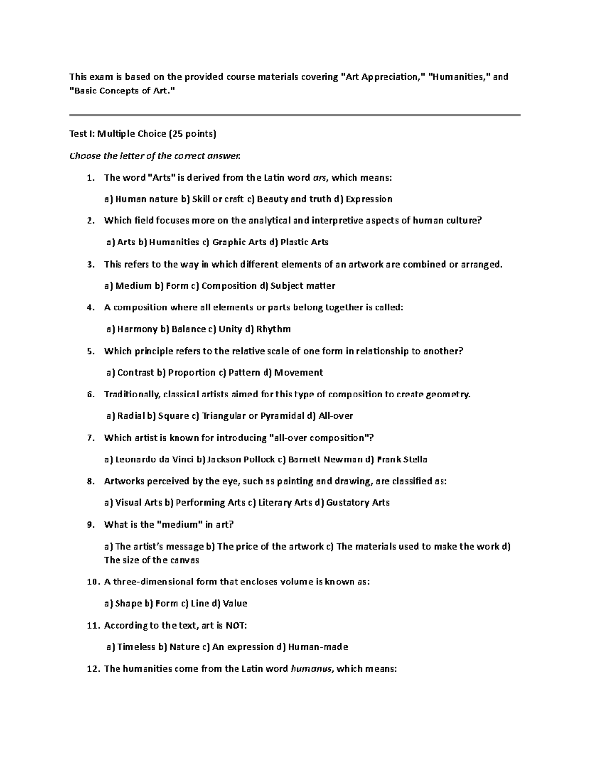 ART 101: Final Exam Review - Concepts of Test I & II - Studocu