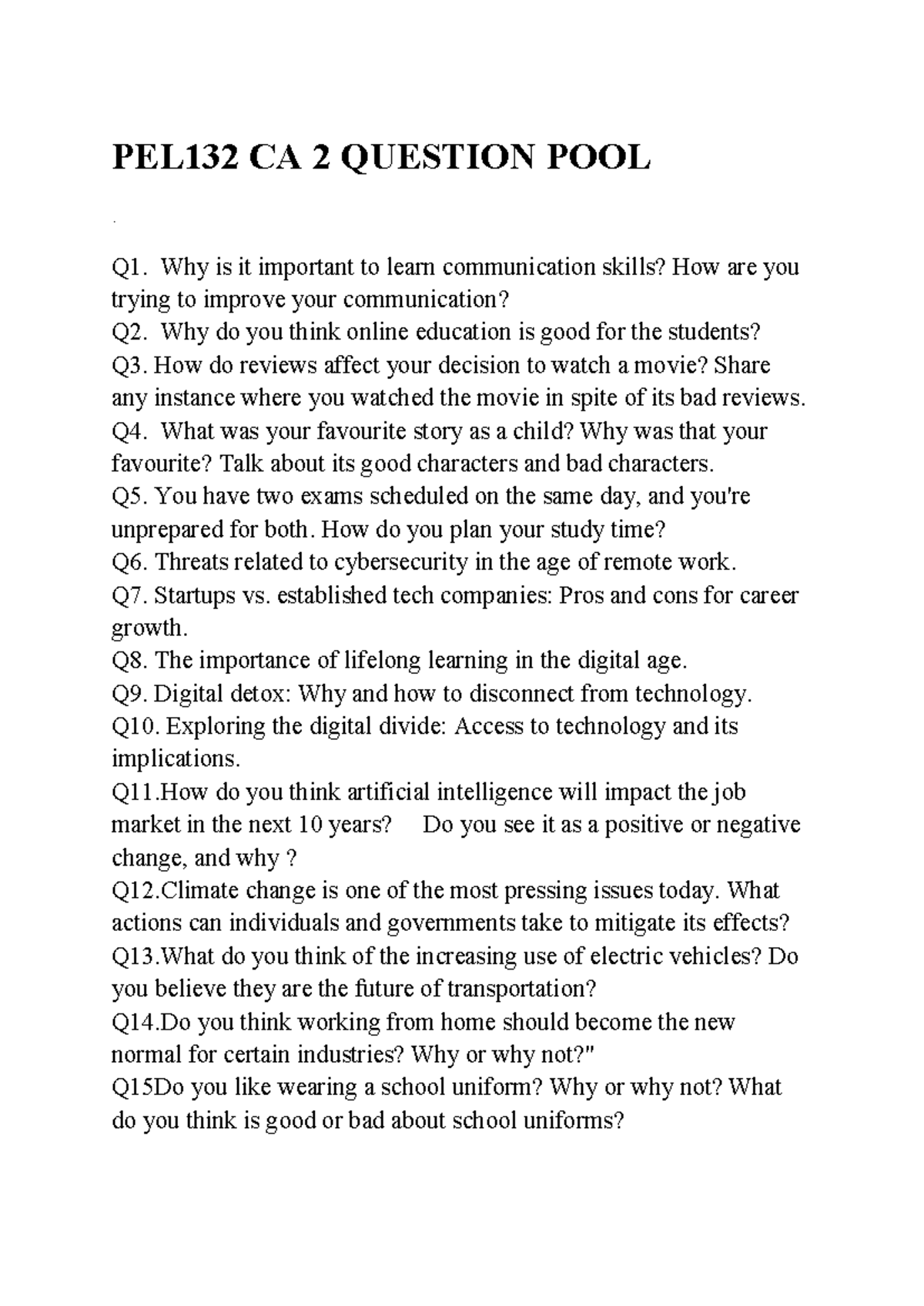PEL132 CA 2 Question Pool: Key Topics and Reflections - Studocu