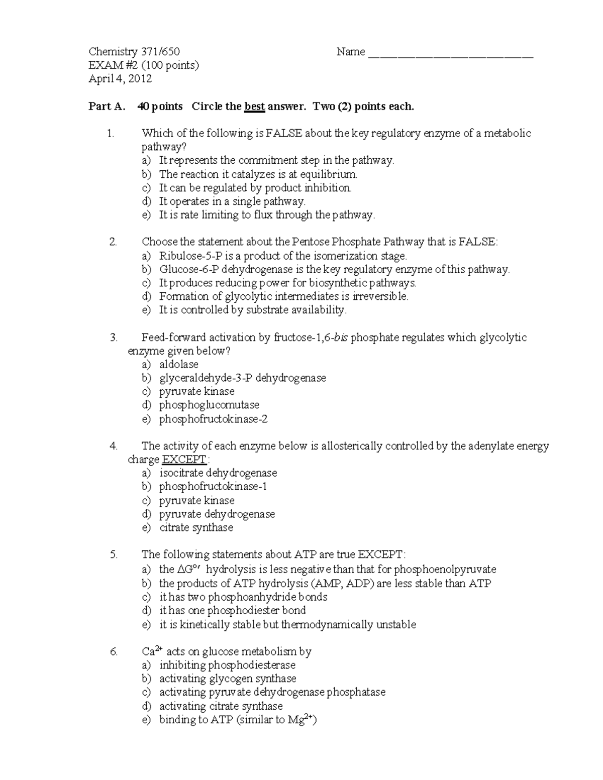 Chemistry S'12 Exam 2: Metabolic Pathways & Enzyme Regulation - Studocu