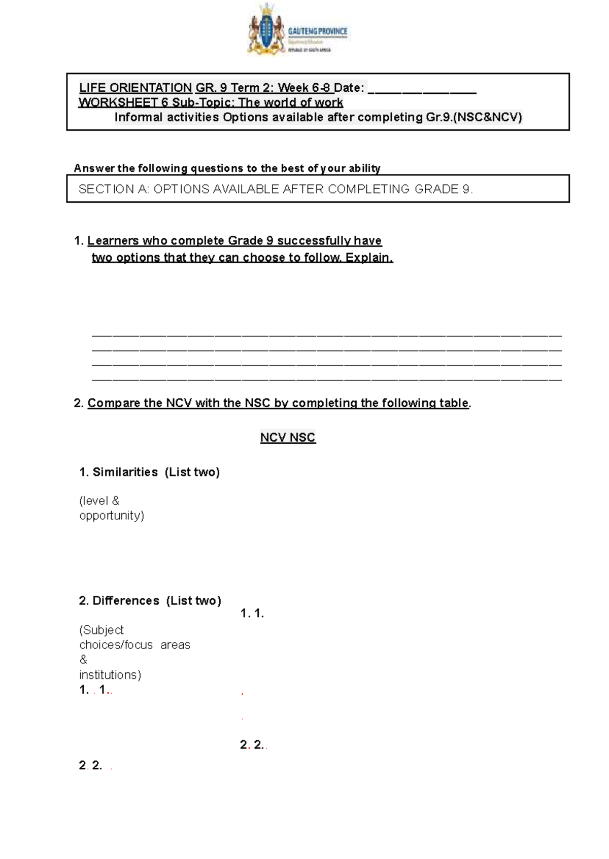 Grade 9 LO Term 2: Worksheet on Post-Graduation Options (NSC & NCV ...