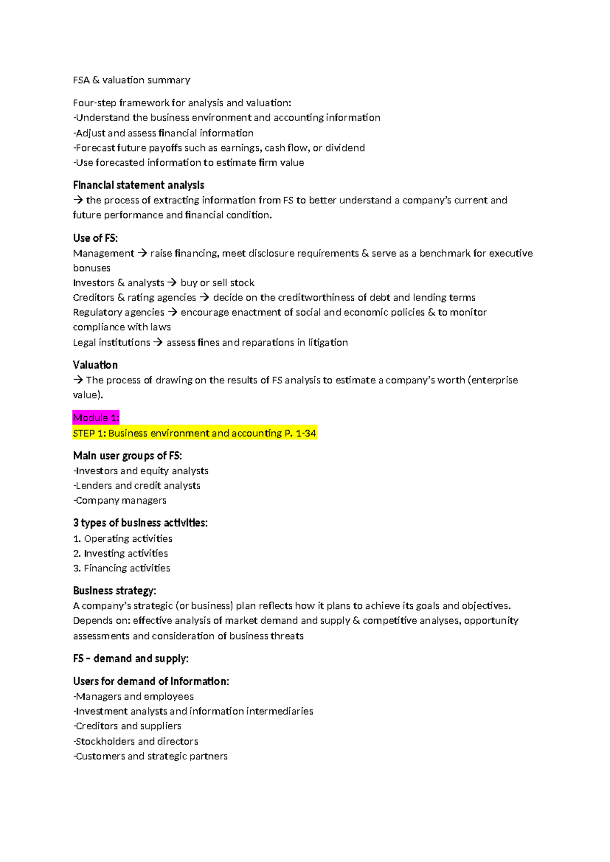 FSA Summary: Key Insights on Financial Management & Valuation Concepts ...
