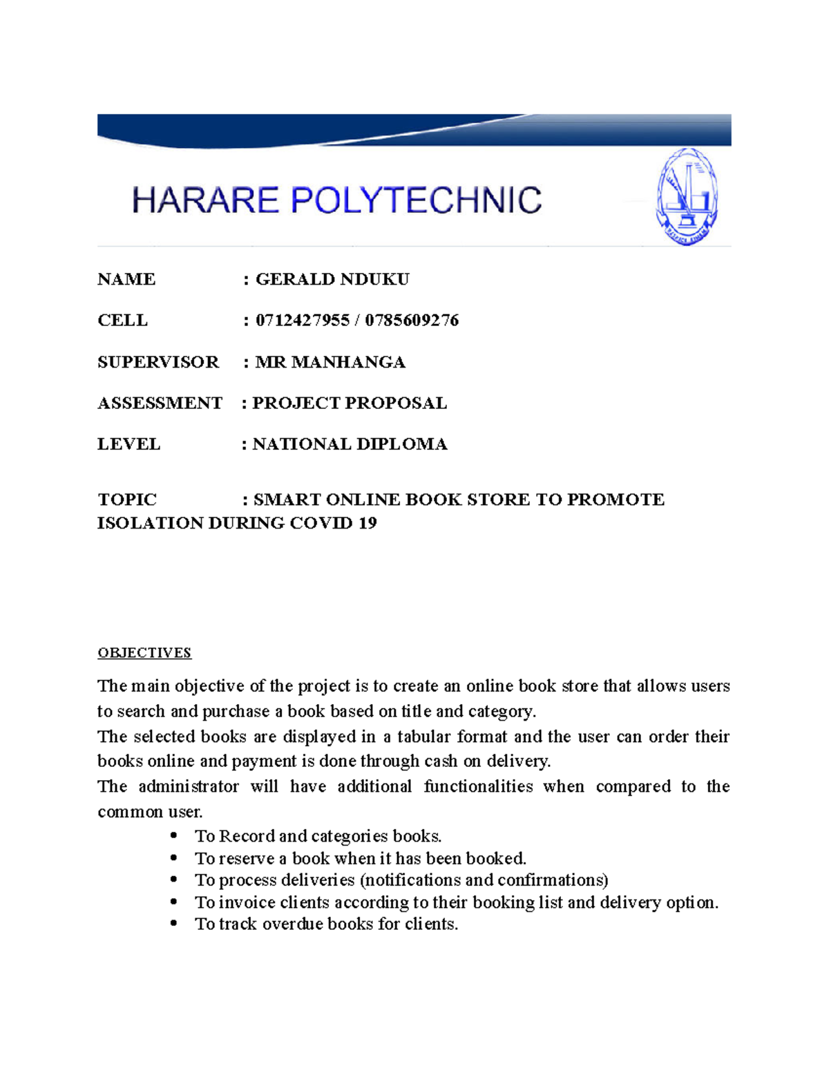 Smart Online Book Store Project Proposal for National Diploma - Studocu