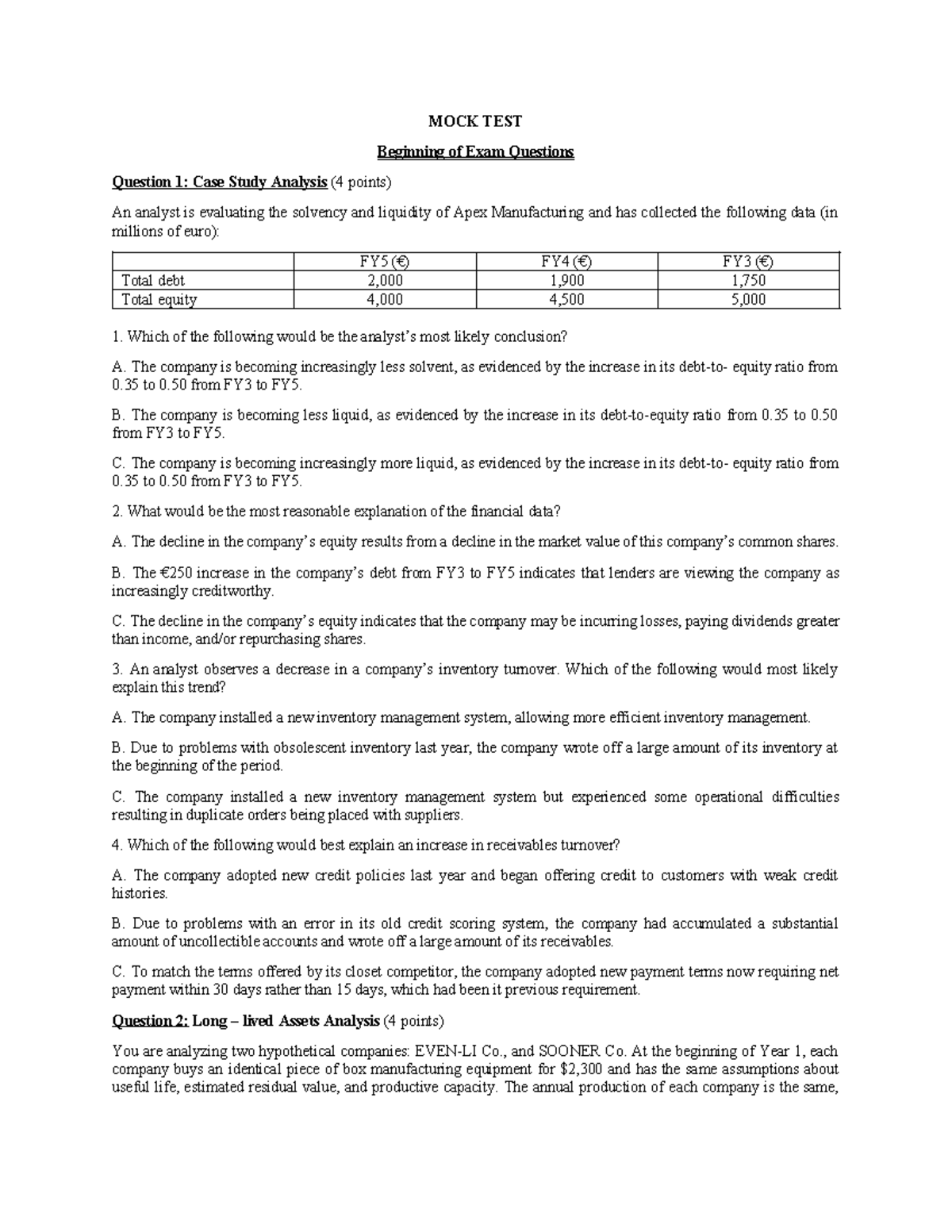 MOCK TEST 2 - NLKT: Case Study & Financial Analysis Questions - Studocu