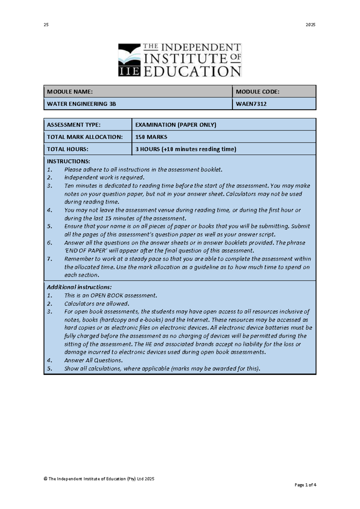 WAEN7312 - Water Engineering 3B Exam Practice Questions - Studocu