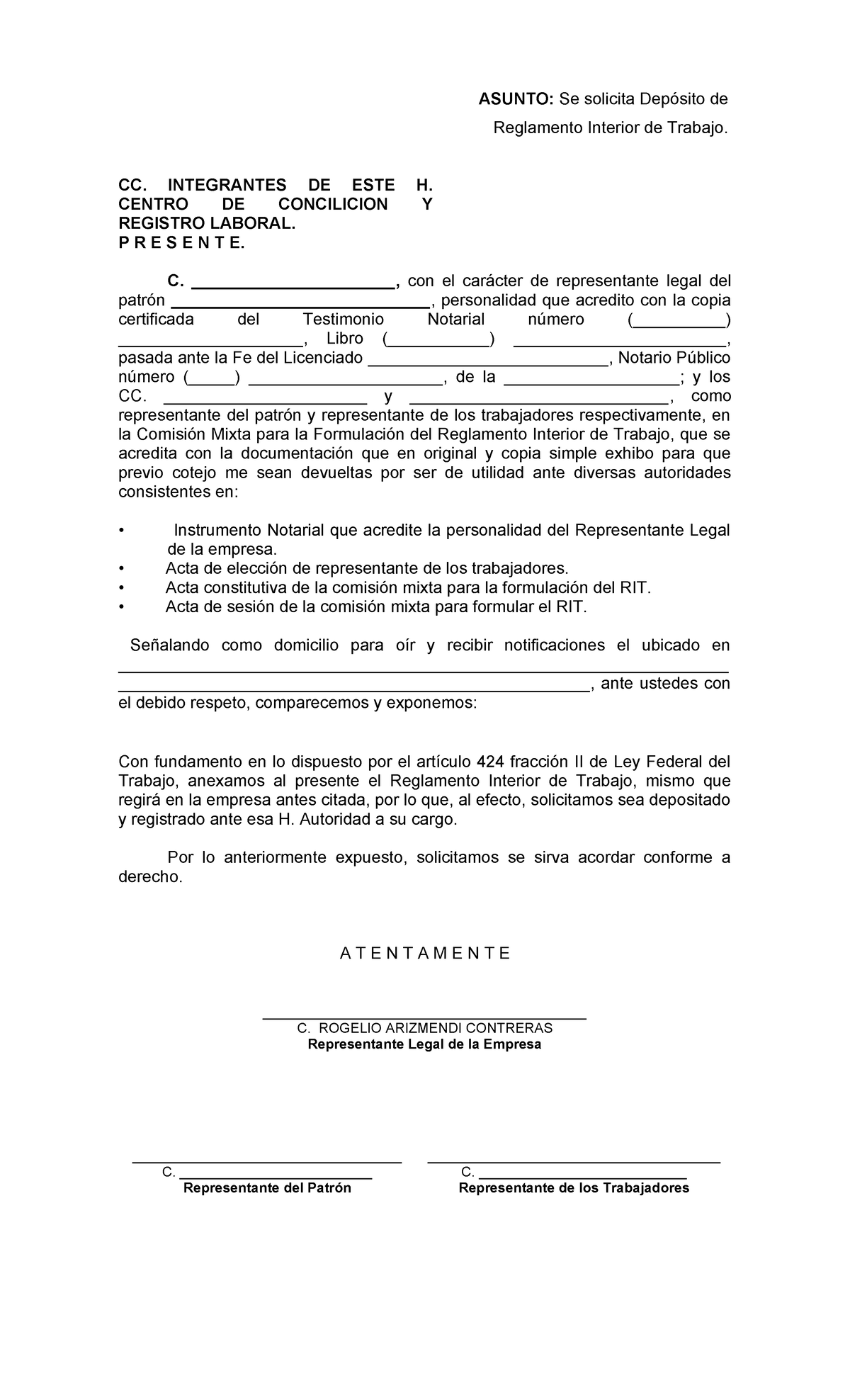 Solicitud de Depósito del Reglamento Interior de Trabajo (RIT) - Document Preview
