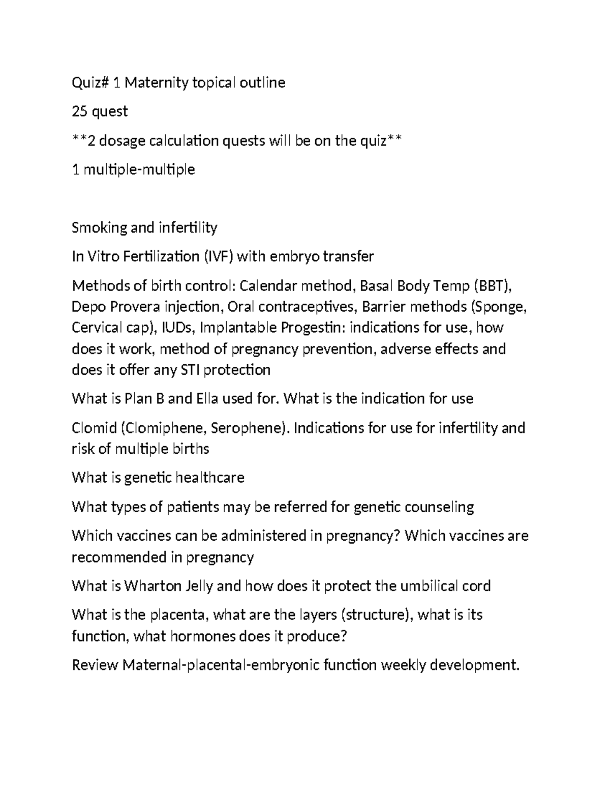 Quiz 1: Maternity Week 4 Exam Review and Key Concepts - Studocu