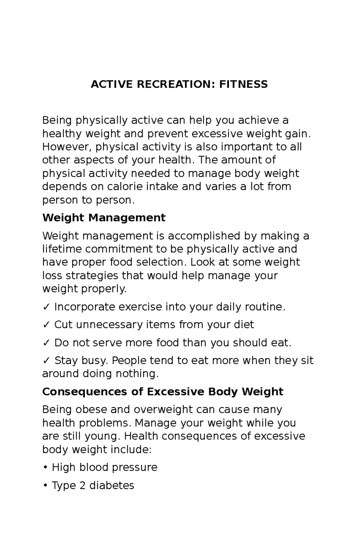 Active Recreation - PHYSICAL EDUCATION - ACTIVE RECREATION: FITNESS ...
