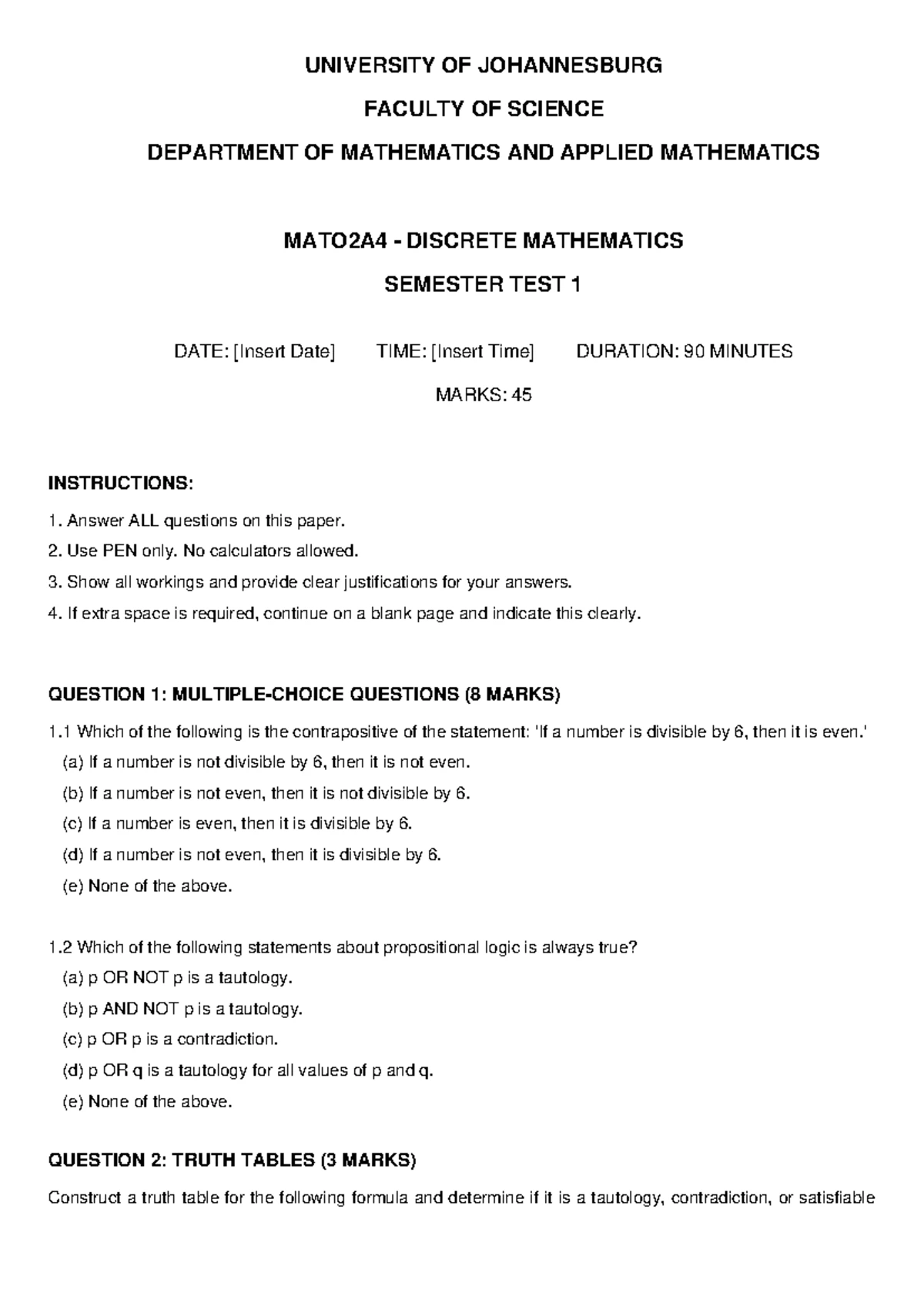MAT02A2 LINEAR ALGEBRA FINAL ASSESSMENT SEMESTER TEST - Studocu